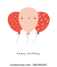 Happy Birthday. Funny Birthday  Vector Card. Red and Pink Hand Drawn Balloon Isolated on a White Background. Simple Infantile Style Nursery Illustration ideal for Card, Wishes, Greeting, Invitation.