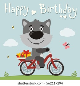 Happy birthday! Funny wolf on bike with gifts in cartoon style.