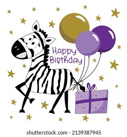 Happy Birthday - funny zerbra with birthday present and balloons. Good for greeting card, party invitation card, label, and other gifts design.