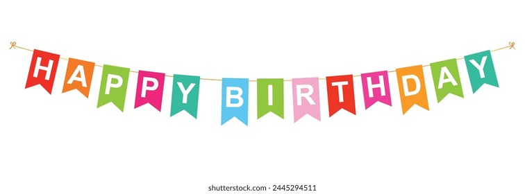 Happy Birthday, Garland with bow, colorful pennants with white letters, banner with inscription, greeting card, vector illustration isolated on white background