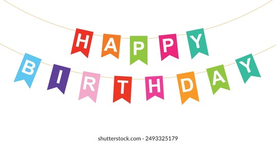 Happy Birthday, Garland with bow, colorful pennants with white letters, banner with inscription, greeting card, vector illustration isolated on white background