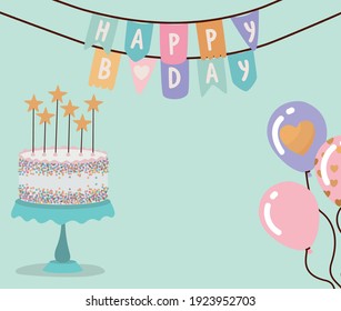 Happy Birthday Garland With Birthday Cake And Balloons On A Green Background Vector Illustration Design