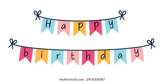 Happy birthday garland vector icon. Colorful triangular flags hanging on a string. Textile decoration for a party, anniversary. Surprise for a carnival, holiday. Flat cartoon clipart isolated on white