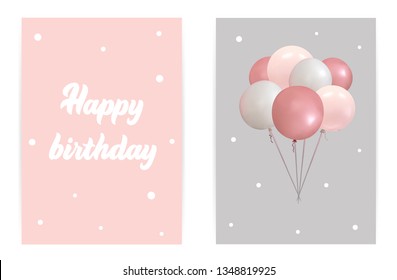 Happy Birthday. Gently Pink Gray Poster With A Baloons  And Lettering Composition.