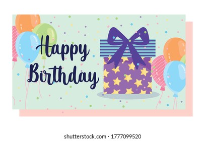 happy birthday, gift box and balloons cartoon celebration decoration card vector illustration