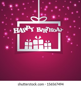 Happy Birthday gift box with shadow effect on magical background greeting card