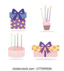 Geburtstag glücklich, Geschenkbox Kuchen Kuchen und Kerzen Ikonen-Zeichentrickfilm Feier Dekoration Vektorgrafik