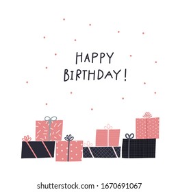 Happy Birthday gift boxes lettering postcard. Simple flat vector illustration cartoon style. Festive party celebration confetti hand drawn cute present picture graphic design clip art element.