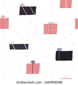 Happy Birthday gift boxes seamless pattern. Simple flat vector surface illustration cartoon style. Festive party celebration confetti hand drawn cute present picture graphic design clip art element.