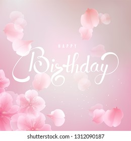 Happy Birthday gift card background with purple lilac flower petals and lettering vector square illustration