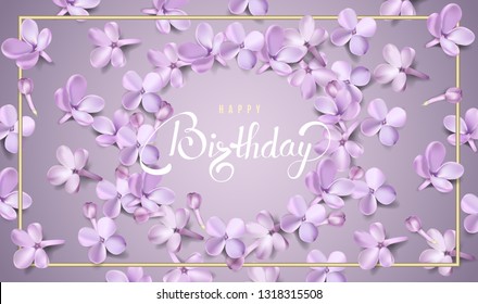 Happy Birthday gift card background with purple lilac flower petals and lettering vector illustration