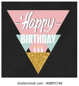 Happy birthday gift card. happy birthday card design. Modern rectangle design and gold texture. text happy birthday in rectangle. Trendy letters. 3 Candles