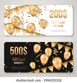 Happy Birthday Gift Card Set Template. Sale Voucher Layout. Vector Illustration. Golden Foil Confetti, 3d Realistic Glitter Gold Balloons And Buntings On Black And White Background.