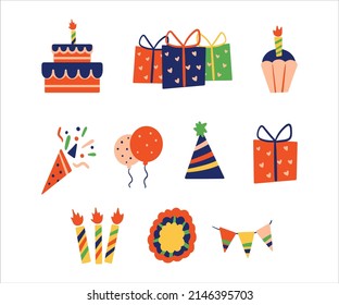 Happy birthday gift element shape collection set. Gift box, cupcakes, candle, trumpet party, baloon, party hat, triangle flag. Premium isolated vector icon