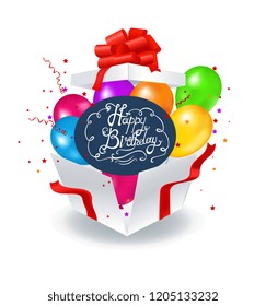 happy birthday, gift open surprise box, balloons 3D vector