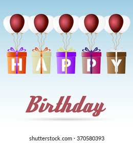 happy birthday gift package soaring with helium balloons icons set eps10