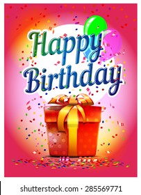 Happy Birthday, gift tied with gold ribbon with a bow on a celebratory red background with streamers and confetti