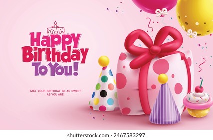 Happy birthday gifts balloon vector template. Birthday greeting text with inflatable gift, balloon and party hat cute elements for party celebration invitation card. Vector illustration birthday