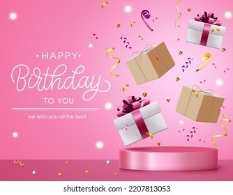 Happy birthday gifts vector design. Happy birthday text in pink background with elements of floating gift boxes, confetti and podium for birth day celebration greeting. Vector illustration.
