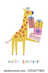  Feliz cumpleaños girafa de papel animal forma recortes estilo ilustración vectorial. Diseño de impresión pre-hecho de fiesta salvaje infantil escandinavo.