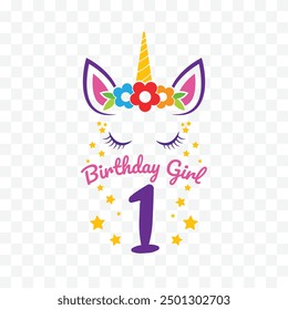 happy birthday girl 1 year unicorn vector design isolated background