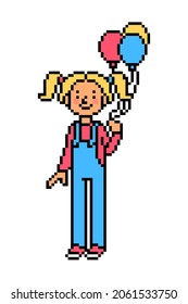 Happy birthday girl with 2 ponytails in denim jumpsuit holding 3 balloons, 8 bit pixel art character isolated on white.Old school vintage retro 80s, 90s 2d computer, video game, slot machine graphics.