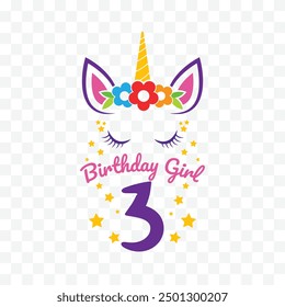 happy birthday girl 3 year unicorn vector design isolated background