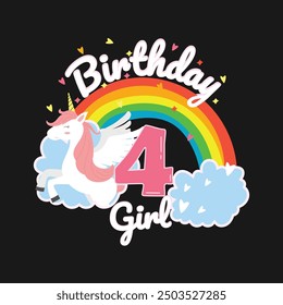 happy birthday girl 4 year unicorn rainbow cloud vector design 