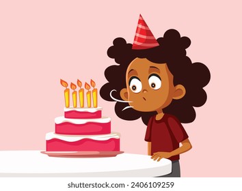 
Happy Birthday Girl Blowing Her Cake Candles Vector Cartoon. Cheerful child enjoying her 5 years old anniversary 
