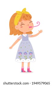Happy birthday, girl celebrating at party blowing whistle. Cute child with toy in mouth vector illustration. Little kid smiling and standing in dress isolated on white background.