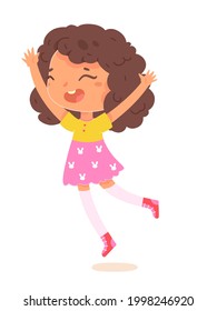 Happy birthday, girl celebrating at party. Cute child having fun vector illustration. Little kid smiling and jumping with arms up, laughing isolated on white background.