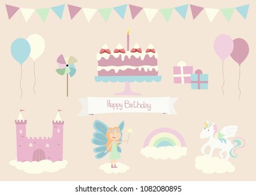 Happy birthday girl vector cute illustration elements. Magic kingdom fairyland. Fairy, unicorn, rainbow, castle in the clouds. Pink party cake, presents, balloons, bunting, decoration.