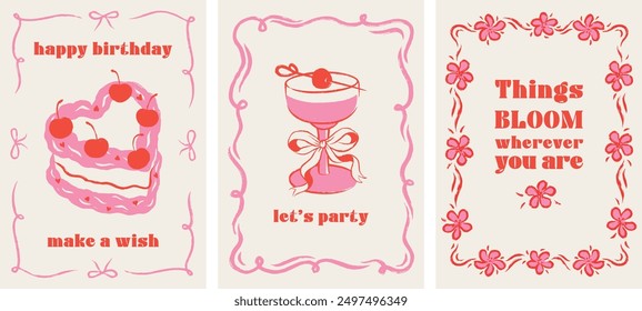 Happy Birthday girly cards in elegant trendy hand drown retro 90s style. Minimalist line art. Celebration congratulations posters with cakes and cocktails. Vector frame template for party, event.