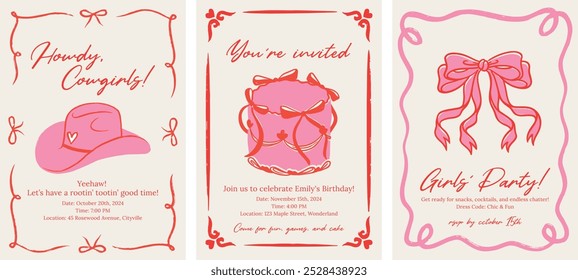 Happy Birthday girly cards invitation in elegant trendy hand drown retro 90s style. Minimalist line art. Celebration congratulations posters with cake and  coquette bows.