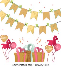 happy birthday with give,kind off balloon,and flag decoration