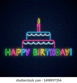 Happy birthday glowing neon sign with cake, candle and comic inscription on dark brick wall background. Birthday cake celebration symbol in neon style. Vector illustration.