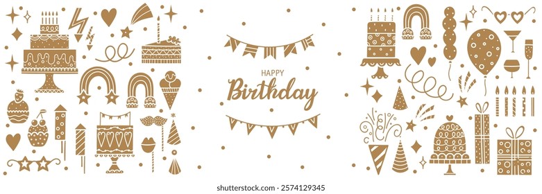 Happy Birthday gold banner. Sketch party decoration, gift box, cake, party. Hand drawn elements. Vector illustration