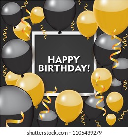 Happy Birthday with Gold and black ballons  Vector Design. Scattered Conffeti on Black Background