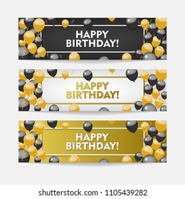 Happy Birthday with Gold and black ballons. Horizontal Banner Vector Design. Scattered Conffeti and ballons on Background