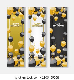 Happy Birthday with Gold and black ballons. Vertical Vector Design. Scattered Conffeti and ballons on Background