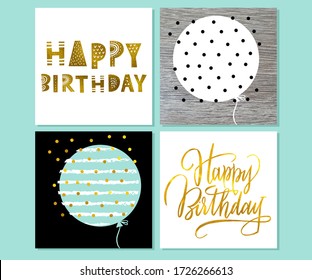 Happy birthday gold lettering card in hand drawn style. Happy birthday text in gold. Modern card design vector illustration. Modern calligraphy lettering quote. Vector golden texture. Mint and gold.