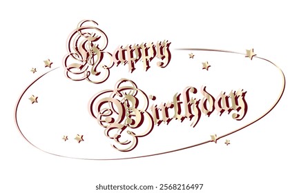 "Happy Birthday" gold text inscription with stars on a white background.