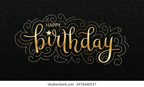 HAPPY BIRTHDAY gold vector brush calligraphy banner with gold spiral flourishes on black background