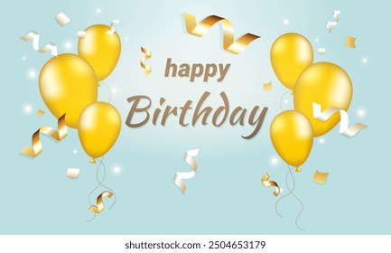 Happy birthday. Golden balloons and streamers with the inscription “Happy Birthday” on a blue background. Congratulatory poster. 