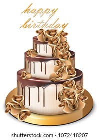 Happy Birthday golden cake Vector. Delicious dessert with gold roses, flowers, sweet design 