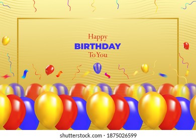 Happy birthday, with a golden frame and balloons.