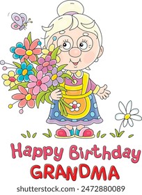 Happy birthday grandma card with a funny grandmother in a traditional dress with an apron and slippers, holding a beautiful bouquet of summer flowers with a small butterfly fluttering around