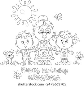Happy birthday grandma card with a funny grandmother and her little grandson and granddaughter with their puppy on a sunny summer day, black and white vector illustration for a coloring book