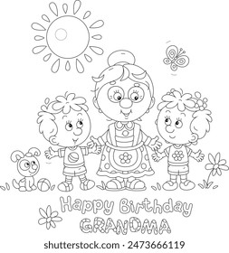 Happy birthday grandma card with a funny grandmother and her little grandson and granddaughter with their puppy on a sunny summer day, black and white vector illustration for a coloring book