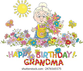 Happy birthday grandma card with a funny grandmother in a traditional dress holding a bouquet of beautiful flowers and merry butterflies fluttering around her summer garden, vector cartoon